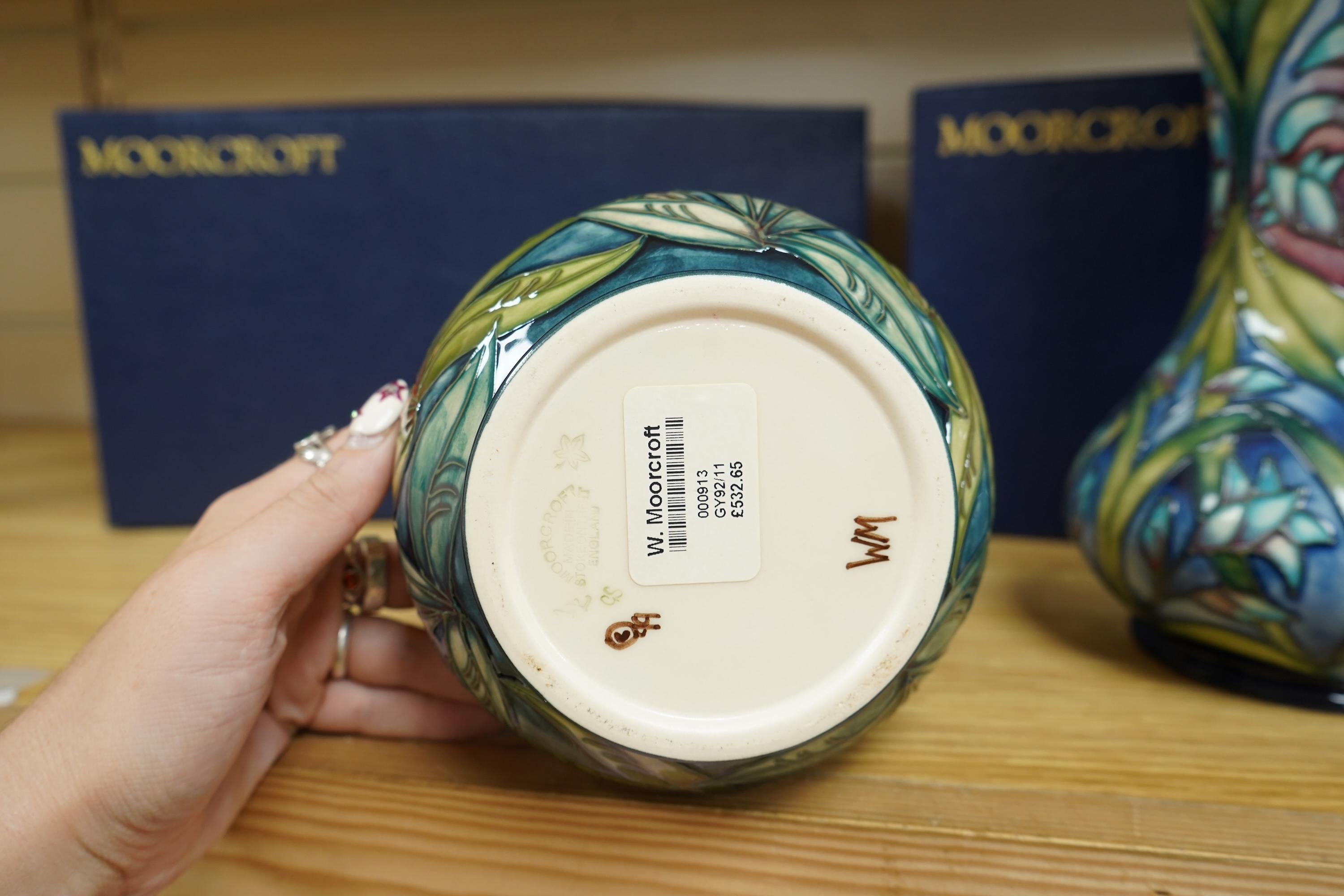 Two Moorcroft vases: ‘Cleopatra’ and ‘Gypsy’ patterns, boxed